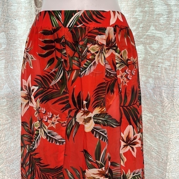 TROPICAL Two Piece Skirt Set Red Size Large Palm Print Lillies Summer - Picture 6 of 16